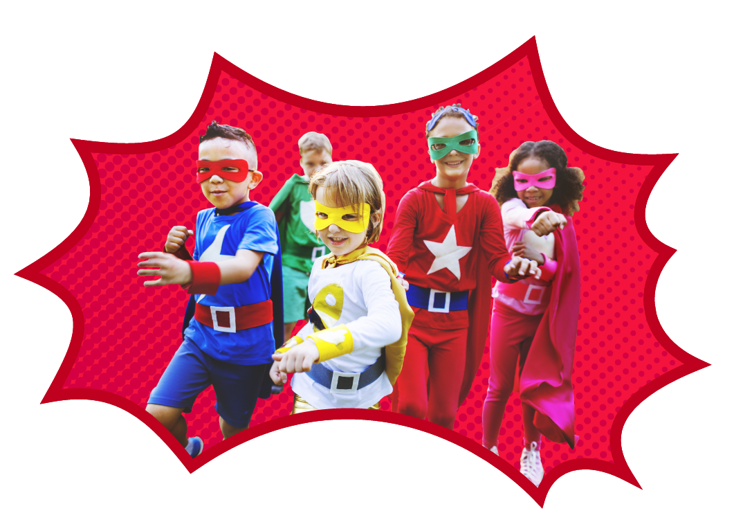 group of children dressed as superheroes posing heroically.