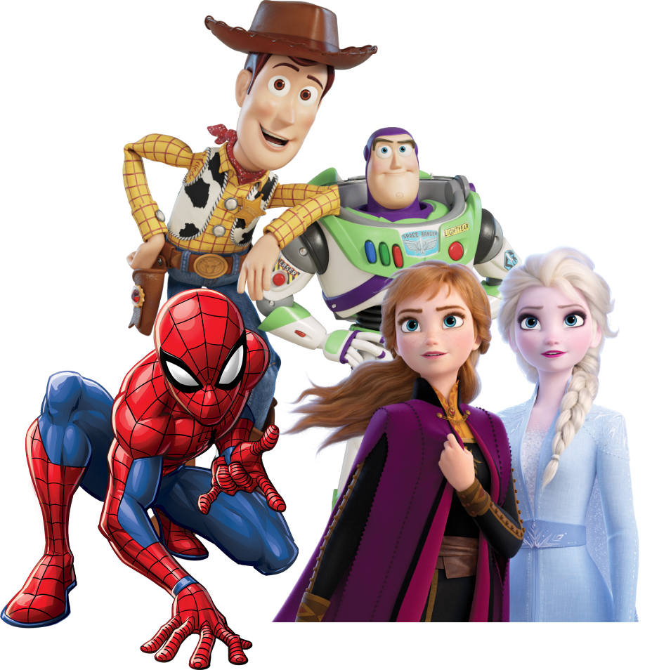 group shot of spiderman, elsa, anna, woody, and buz lightyear